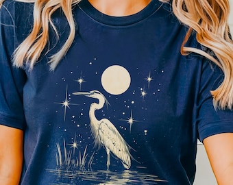 Reiher Shirt, Linolschnitt Vogel T-Shirt, Folk Art Design