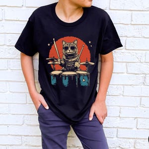Cat playing drums KIDS shirt, Children&#39;s T-shirt, Youth Tee, Cool Cat Drummer Tee, Drumming Cat, Drummer gift, Cat lover, Gift for drummer