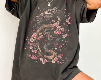 Sakura Drachen Shirt, Sakura Blossom Shirt, japanisches Tshirt, Kirschblüte T-Shirt, japanisches Drachen Shirt, asiatisches Drachen Shirt, Unisex