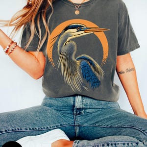 Great Blue Heron Shirt, Bird Lover Shirt, Hippy Clothes, Folk Art, Blue bird design, Vintage bird print, Birdwatching, Adventure shirt
