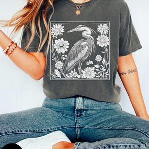 Great Blue Heron Shirt, Linocut Shirt, Bird Lover Shirt, Hippy Clothes, Folk Art, Linoprint design, Blue bird design, Vintage bird print