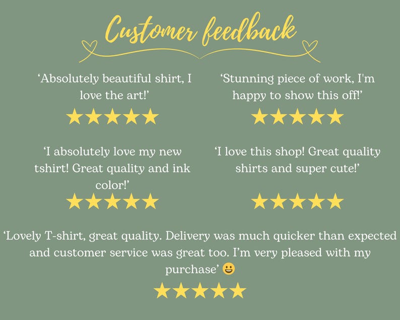 May include: Customer feedback for a shop selling t-shirts. The feedback is positive, with customers praising the quality of the shirts, the speed of delivery, and the customer service. The feedback includes five-star ratings.