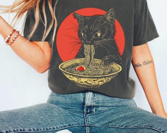 Black Cat T-Shirt, Cat Lover Gift, Ramen Kawaii Shirt, Alt Clothing, Anime Cat, Japanese, Foodies Shirt, Ramen Lover, Kitty Tee gift