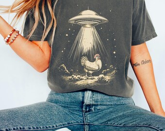 Chicken UFO shirt, Funny Alien Chicken Tee, Outer Space Shirt, Farm Animal UFO Top, Unique Graphic Tee, Cosmic Chick