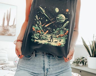 Canotta retrò con tema spazio esterno / Illustrazione vintage di astronauti e pianeti