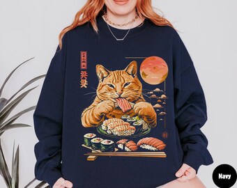 Cat Eating Sushi Sweatshirt, Funny Cat Lover Gift, Japanese Food Apparel
