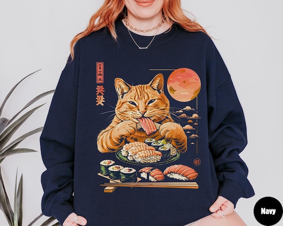 Cat Eating Sushi Sweatshirt, Funny Cat Lover Gift, Japanese Food