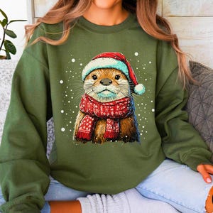 Christmas Otter Santa Hat Sweatshirt, Holiday Crewneck, Winter Xmas Jumper, Cute Animal Pullover, Festive Gift Idea