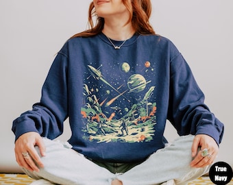 Sweat vintage Space Battle, pull rétro de science-fiction, chemise de guerre Fighter Galaxy, vêtements cosmiques, cadeau astronomie, cadeau geek