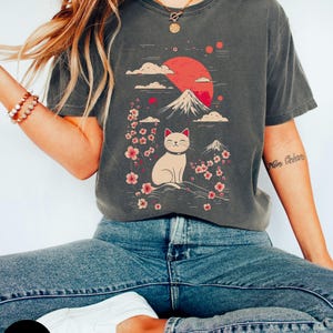 Japanese Cat shirt, Sakura Tree, Cherry blossom, Kawaii, Cute Cat T-Shirt, Mount Fuji, Sakura Kawaii Tee, Asian Animal Lover Gift, Japan
