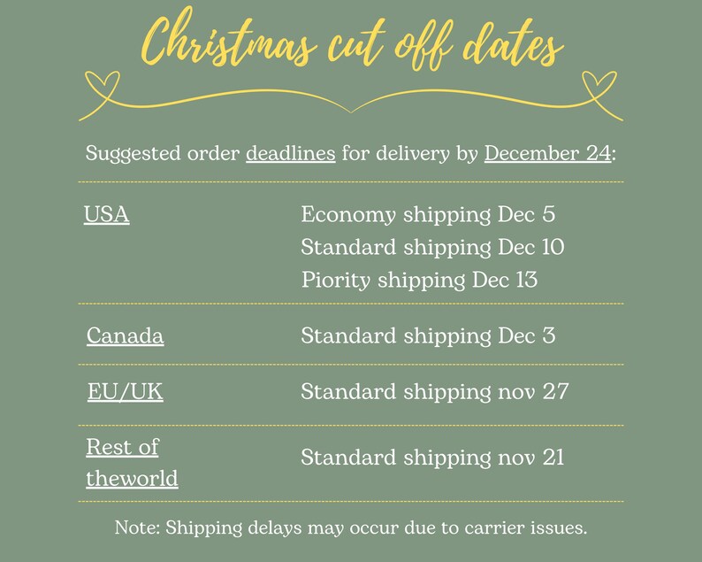 May include: A green and yellow graphic with the text "Christmas cut off dates" and a list of suggested order deadlines for delivery by December 24th. The list includes shipping options and deadlines for the USA, Canada, EU/UK, and the rest of the world.