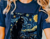 Black Cat Starry Night Shirt, Cat Tee, Van Gogh, Cat Lover