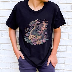 Magischer Drache Blumen Kinder T-Shirt, Fantasy T-Shirt, Verspielter Drache Top, Sommer Outfit, Geburtstagsgeschenk, Kinderbekleidung, Drachenliebhaber Geschenk