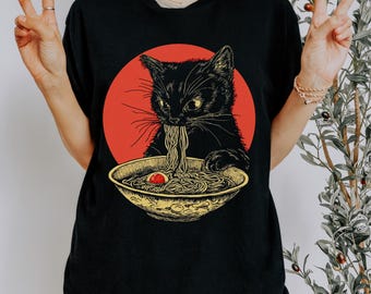 Schwarze Katze T-Shirt, Katzenliebhaber Geschenk, Ramen Kawaii Shirt, Alt Kleidung, Anime Katze, Japanisch, Foodies Shirt, Ramen-Liebhaber, Kitty Tee Geschenk