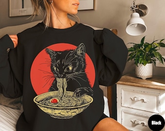 Schwarze Katze Ramen Sweatshirt, Kawaii Anime Feinschmecker Pullover