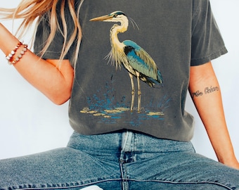 Great Blue Heron Shirt, Bird Lover Shirt, Hippy Clothes, Folk Art, Blue bird design, Vintage bird print, Bird watching, Birder shirt