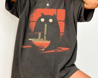 Camiseta de gato preto, presente para amantes de gatos, camiseta kawaii de ramen, roupa alternativa, gato de anime, japonês, camiseta para amantes de comida, amante de ramen, camiseta de gatinho