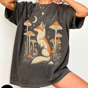 Cute fox Shirt, Mushroom with fox, Vintage Floral Cottagecore, Wildflower Meadow, Woodland Lover Gift for Her, Fairycore Tee, Forestcore