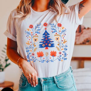 Scandinavian Christmas shirt, Norwegian Folk Art tshirt, Cottagecore Shirt, Hygge Botanical, Vintage, Gift for her