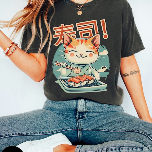Schattig Japan kat T-shirt, Sushi kat, Kawaii, manga anime shirt, Sushi minnaar, Japans eten, grappige kat, Kawaii kat, Foodie cadeau, Unisex