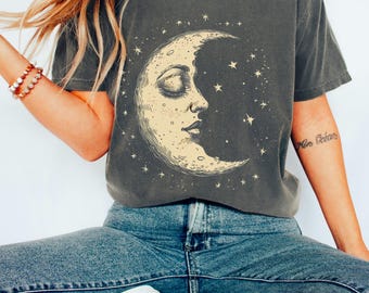 Boho Moon Shirt, Retro tShirt for Women, Spiritual Astrology, Vintage Graphic Tee, Celestial Moon Face, Lunar Astronomy Gift