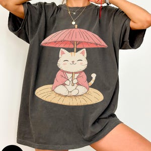 Cat Lover Gift, Cute Cat umbrella shirt, Kawaii Animal Tee, Adorable Feline Shirt, Whimsical Kitty Apparel, Anime, Japanese Shirt, Cat mom