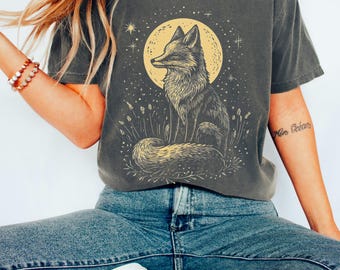 Fox & Moon Linocut Shirt, Witchy Folklore Print, Comfort Colors®  Tee, Gift for Fox Lover