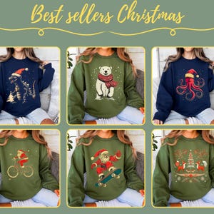 May include: Six different Christmas themed sweatshirts. The sweatshirts are all green or blue and feature various Christmas designs, including a dinosaur, a polar bear, an octopus, a Santa Claus, and a Christmas tree.