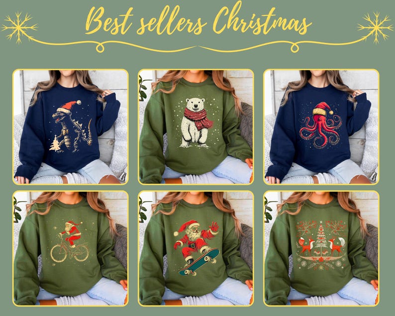 May include: Six different Christmas themed sweatshirts. The sweatshirts are all green or blue and feature various Christmas designs, including a dinosaur, a polar bear, an octopus, a Santa Claus, and a Christmas tree.