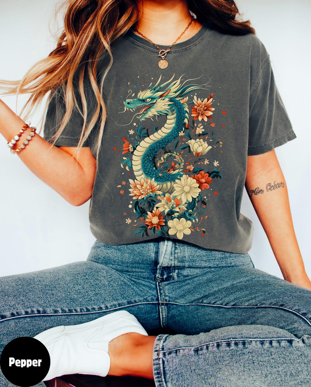 Dragon Season Unique Print Patchwork Pocketed Loose Shirt