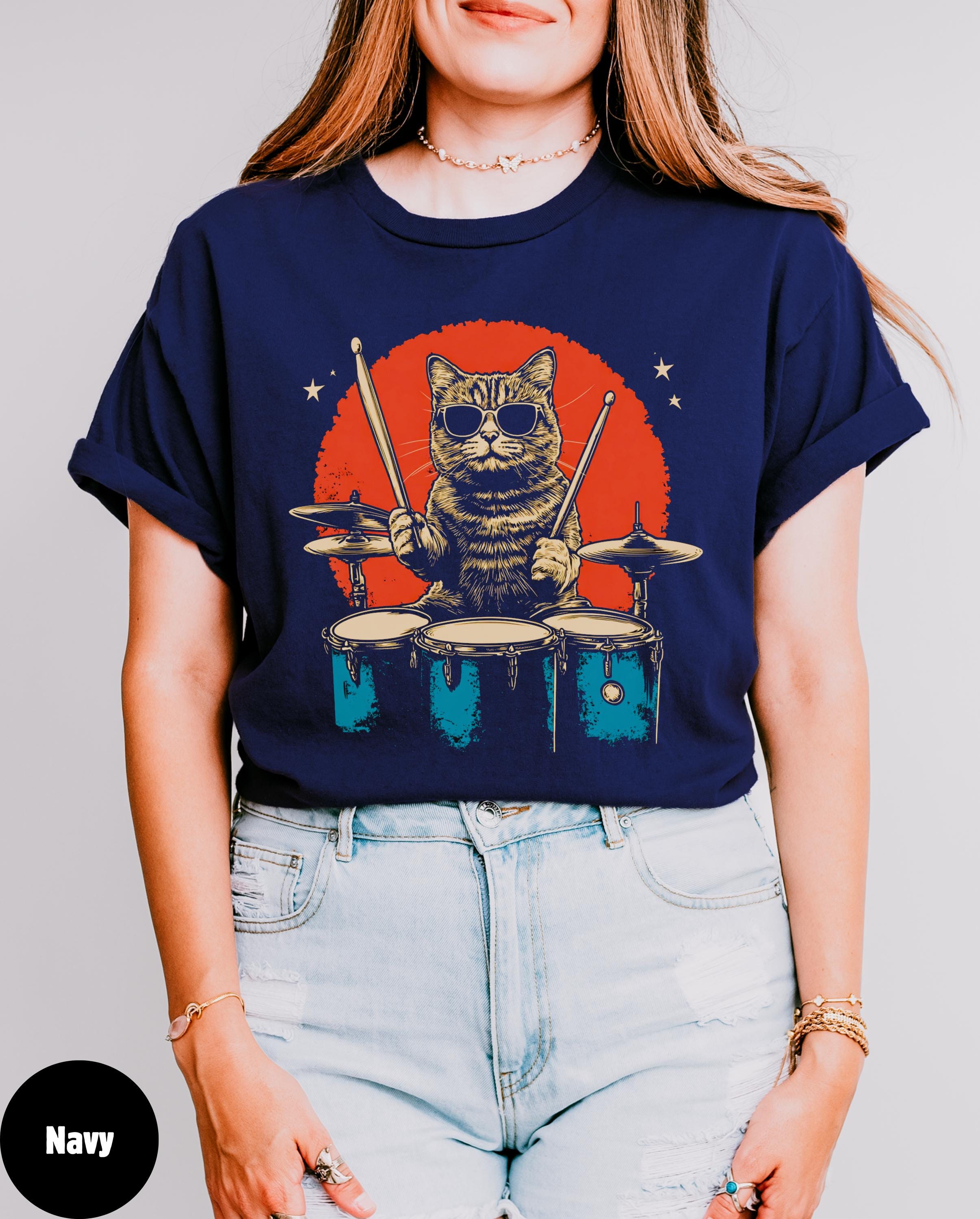 Maglietta Gatto Batterista - Design Divertente E Colorato, Unisex, Cotone - Foto 4
