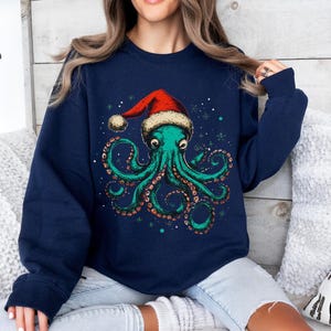 Octopus Christmas sweater, Octopus sweatshirt, Marine biology gift, Octopus lover gift, Nautical, Ocean, Sea creature, Santa hat