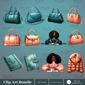 May include: A digital clip art bundle featuring illustrations of handbags, journals, and a woman in a pink sweater and fur coat. The illustrations are in a cartoon style and have a teal and peach color scheme.