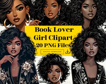 Book Lover Clipart, Watercolor Cozy Clipart, Black Woman Clipart, Books Clipart, Dreadlock Clipart, Lady Boss Clipart