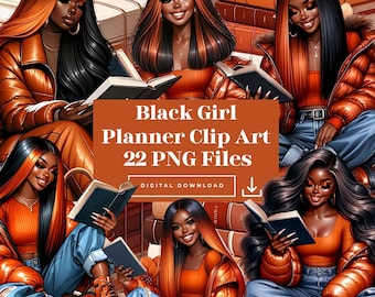 Black Girl Planner Clipart, Book Lover clipart , Reading Clipart , Planner Girl Clipart , Black Girl Read, Black Girl Boss Clipart