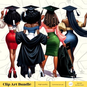 May include: Four women in graduation caps and gowns, wearing different colored dresses, standing back to back. They are all smiling and looking proud.