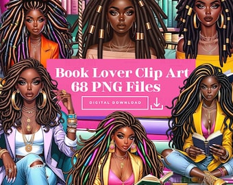 Book Lover Clipart, Watercolor Cozy Clipart, Black Woman Clipart, Books Clipart, Dreadlock Clipart, Lady Boss Clipart