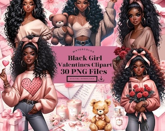 Valentines Day Clip Art, Black Woman Clipart, Valentine's Day Watercolor, Self Love Clipart,Love Clipart,Black Girl Clipart,African American