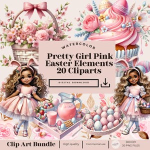 May include: A digital clipart bundle of 20 watercolor illustrations featuring a pink Easter theme. The illustrations include a girl with bunny ears, a basket of flowers, a cupcake, and Easter eggs.