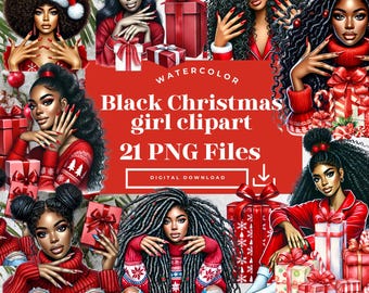 Könnte beinhalten: Ein digitaler Download von 21 Aquarell-Clipart-Bildern mit schwarzen Frauen in festlicher Weihnachtskleidung. Die Bilder zeigen Frauen mit verschiedenen Frisuren, die rote Pullover tragen, Geschenke halten und mit Weihnachtsdekoration posieren. Der Text "Black Christmas girl clipart" und "21 PNG Files" wird auf einem roten Hintergrund angezeigt.