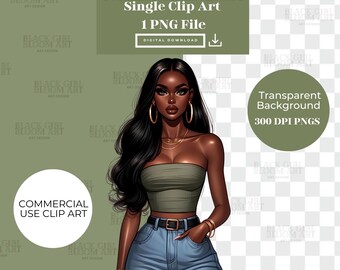 Summer Fashion Girl Clipart, Fashion Design, Black Woman Clip Art, Fashion Digital Download Stickers, Black Queen, Stylish Clip Art