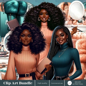 May include: Three digital illustrations of Black women with curly and braided hairstyles. Each woman is wearing a turtleneck sweater, one in peach, one in teal, and one in a light pink. The women are holding various accessories, including a purse, a book, and a makeup brush.