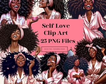 May include: A digital clip art bundle of 25 PNG files featuring illustrations of Black women in pink pajamas with various self-care activities, such as applying face masks, holding a heart, and lighting candles. The text "Self Love Clip Art" and "25 PNG Files" is displayed on a pink background.