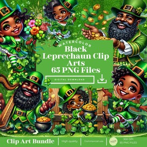 Puede incluir: Un paquete digital de clip art de 65 ilustraciones de acuarela con duendes negros en varias poses. Las ilustraciones son de estilo de dibujos animados y presentan colores verde, negro y dorado. El texto "Watercolor Black Leprechaun Clip Arts 65 PNG Files" se muestra sobre un fondo verde.