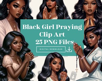 Praying Believers Black Girls Clipart,Spiritual Black Woman Clipart,Sticker Planner, Black Family Pray Art, Religious Christian