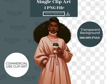 Winter Fashion Girl Clipart, Fashion Design, Black Woman Clip Art, Fashion Digital Download Stickers, Black Queen, Classy Stylish Clip Art