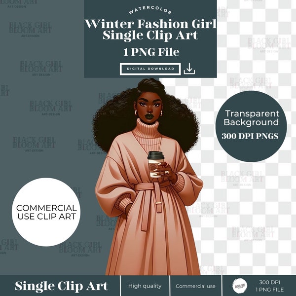 Winter Fashion Girl Clipart, Fashion Design, Black Woman Clip Art, Fashion Digital Download Stickers, Black Queen, Classy Stylish Clip Art