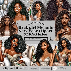 Czarna dziewczyna noworoczna clipart, Akwarela Nowy Rok Clipart, Melanina Nowy Rok, Noworoczna czarna dziewczyna, Pakiet noworoczny, Melanina Holiday clipart