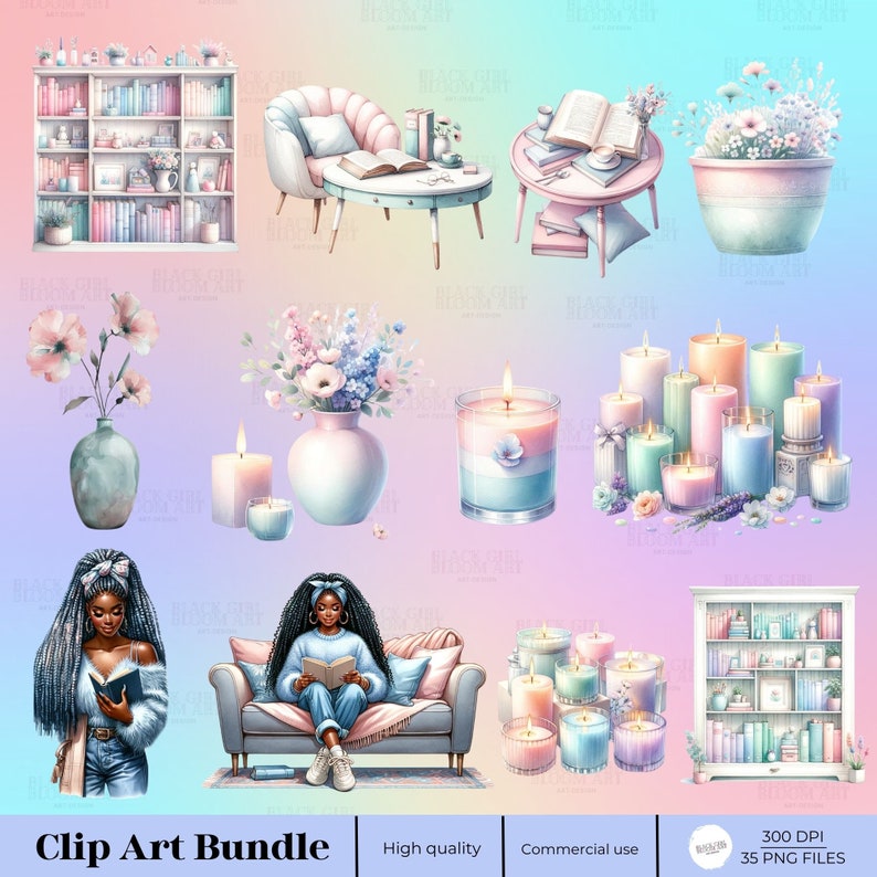May include: A digital clip art bundle featuring illustrations of bookshelves, candles, flowers, a cozy armchair, a girl reading a book, and a table with books. The illustrations are in a watercolor style with soft pastel colors.
