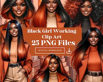 May include: Digital clip art bundle of 25 PNG files featuring illustrations of Black women with orange and brown hair wearing red coats. The text "Black Girl Working Clip Art 25 PNG Files" is displayed in the center of the image.